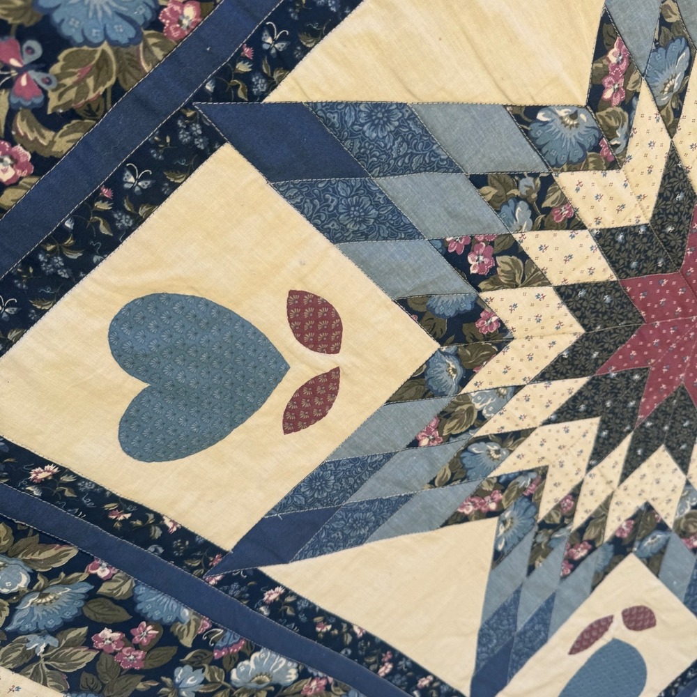 Handmade Vintage Quilt Queen Blue Red Lone Star Heart Floral Patchwork 82x102" - Picture 5 of 16